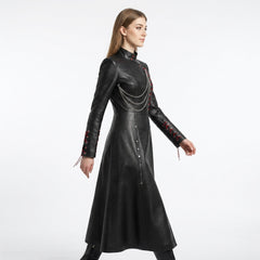 Womens gothic leather long coat with asymmetrical front, chain accent, lace up detail, and elegant full length black coat silhouette - Rizwards Leather