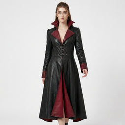 Full front view black red gothic leather trench coat women with buckle waist red lining and high collar - Rizwards Leather