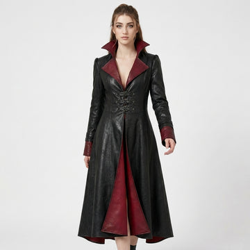 Full front view black red gothic leather trench coat women with buckle waist red lining and high collar - Rizwards Leather
