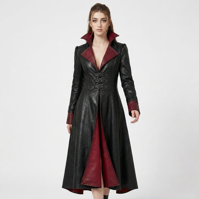 Full front view black red gothic leather trench coat women with buckle waist red lining and high collar - Rizwards Leather