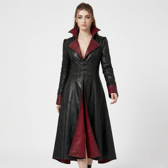 Full front view black red gothic leather trench coat women with buckle waist red lining and high collar - Rizwards Leather