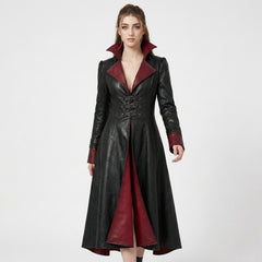 Full front view black red gothic leather trench coat women with buckle waist red lining and high collar - Rizwards Leather