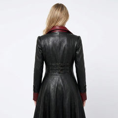 Rear view women’s long black leather trench coat with red collar detail and Victorian gothic style - Rizwards Leather
