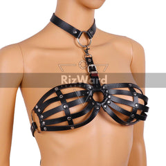 Punk gothic bondage bra harness in genuine leather