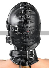 back view of a leather bondage mask with laces and neck belt with  buckles 