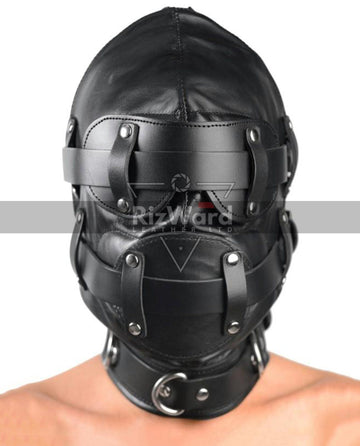side view of person wearing a leather bondage mask 