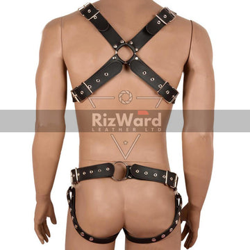 Faux leather men's sex harness with adjustable BDSM chest straps