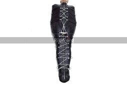 a person wearing a leather sleep sack with laces