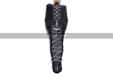 a person wearing a leather sleep sack with laces