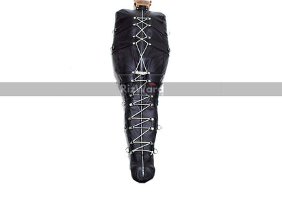 a person wearing a leather sleep sack with laces
