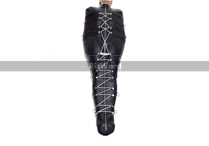 a person wearing a leather sleep sack with laces