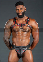 Sexy looking black men wears this handcrafted bdsm chest harness clings to your frame like authority itself. Designed to ignite play with a matching sexy jockstrap.