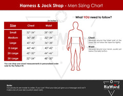 Detailed size guide for male sex harness and sexy jockstrap fit, showing chest, waist, and strap measurements for accurate custom orders.