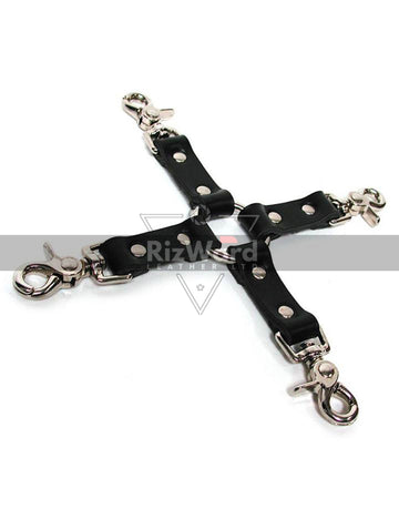 Picture showing Leather bondage cuff with hogtie