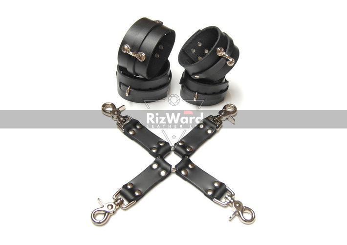 Picture showing Leather bondage cuff with hogtie