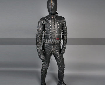 front view man wearing leather bondage jumpsuit 