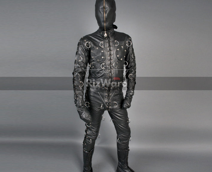 front view man wearing leather bondage jumpsuit 