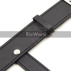 close view of leather strap with belt loop made with leather