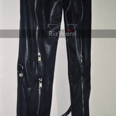 picture showing zippers of  black leather pants 