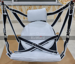 front view of hanging VIP white leather sex  sling