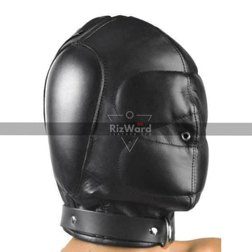 side view of person head wearing a Total Lockdown Leather Padded Bondage Mask 
