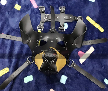 side view of dummy head wearing a leather pup mask 