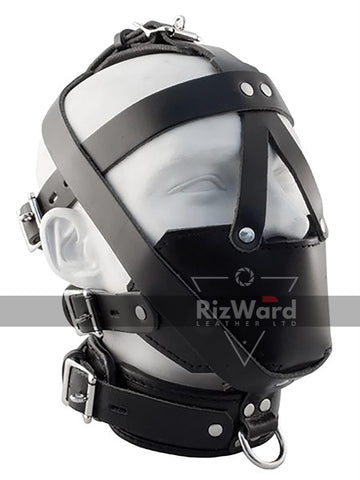 dummy head wearing a leather head harness 