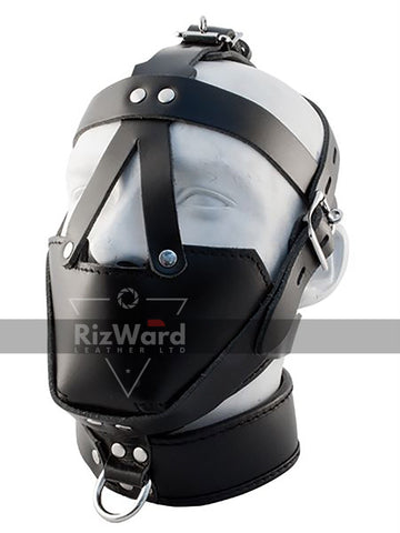 dummy head wearing a leather head harness 