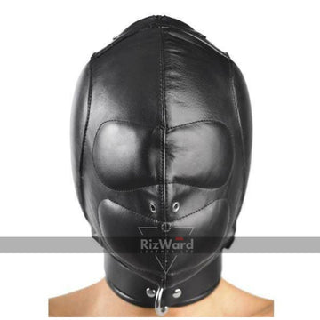 side view of person head wearing a Total Lockdown Leather Padded Bondage Mask 