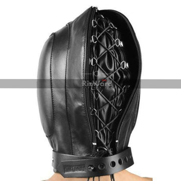 side view of person head wearing a Total Lockdown Leather Padded Bondage Mask 