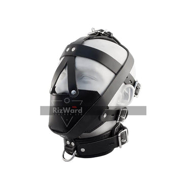 dummy head wearing a leather head harness 