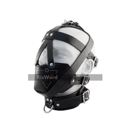 dummy head wearing a leather head harness 