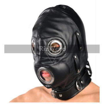 side view of person wearing a leather bondage mask 