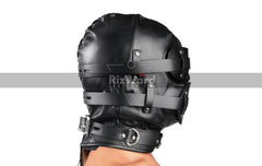 side view of person wearing a leather bondage mask 