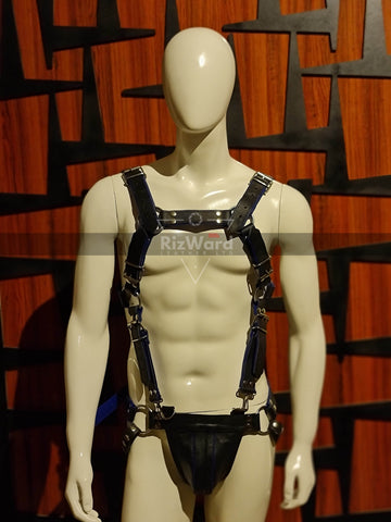 Full body harness BDSM gear with sleek leather jockstrap detailing for dominant play.